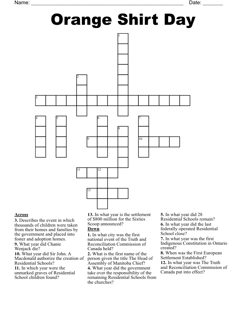Orange Shirt Day Crossword