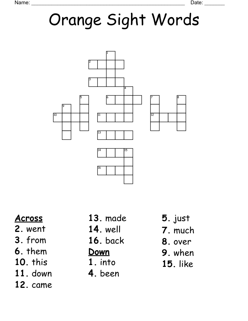 Orange Sight Words Crossword