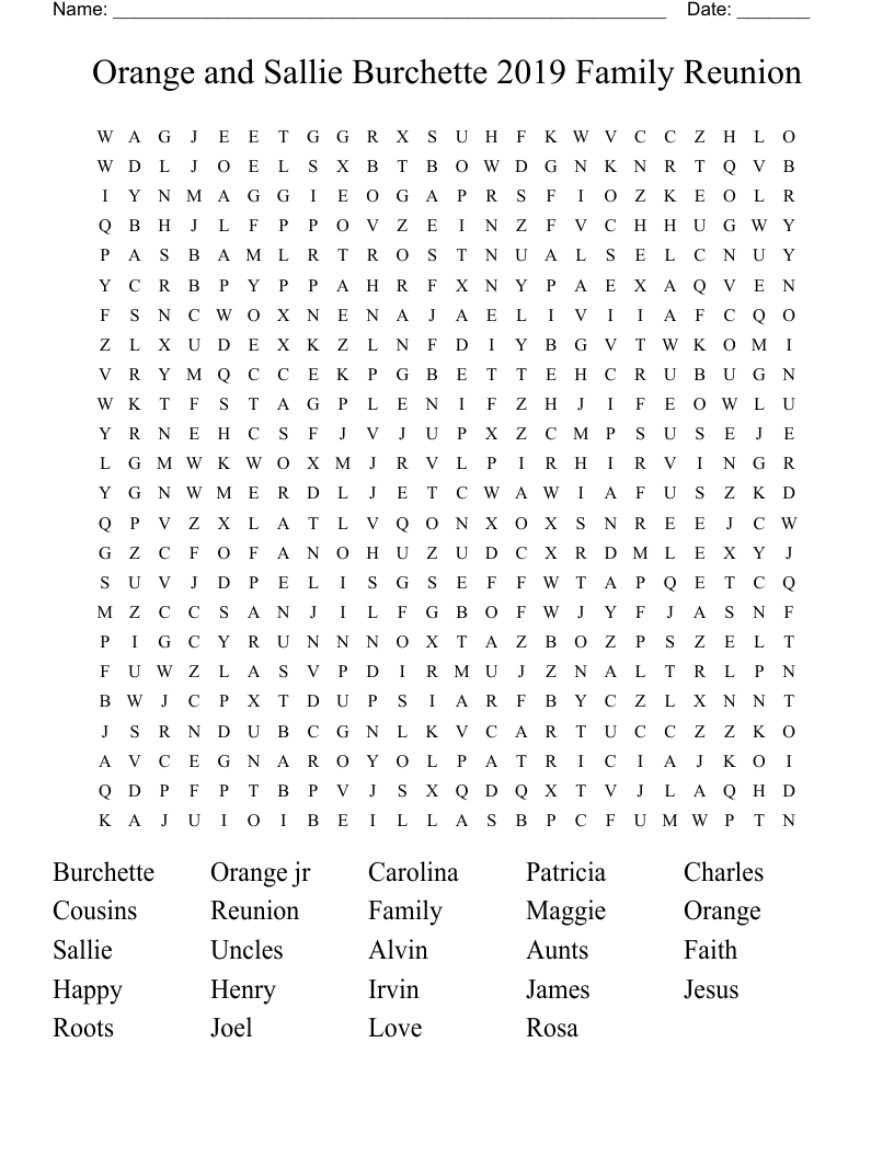 Orange and Sallie Burchette 2019 Family Reunion Word Search