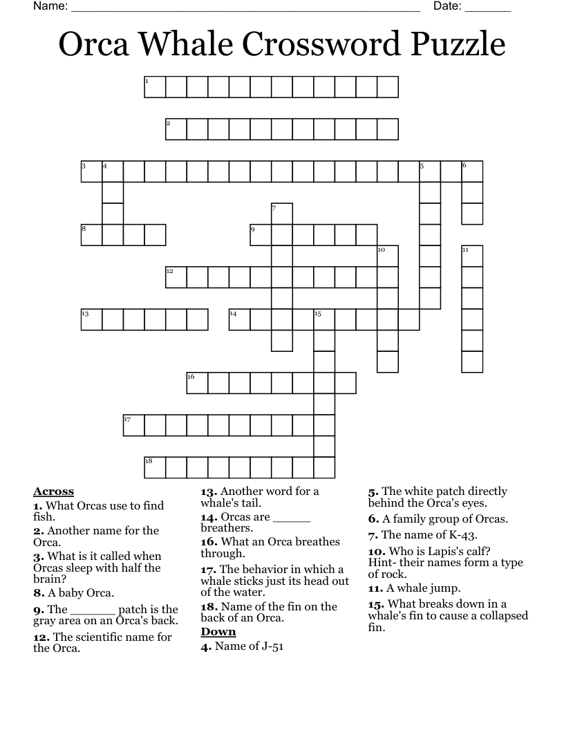Orca Whale Crossword Puzzle