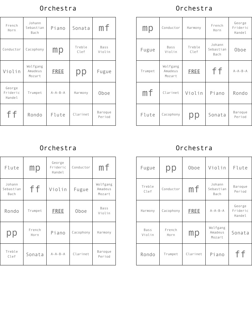 Orchestra Bingo Cards