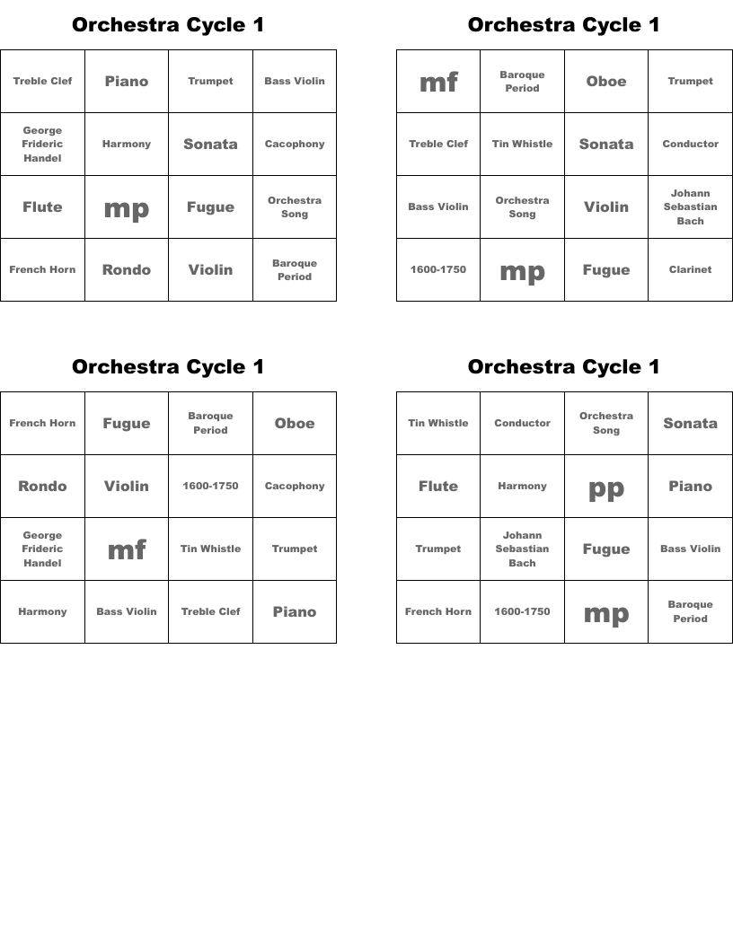 Orchestra Cycle 1 Bingo Cards