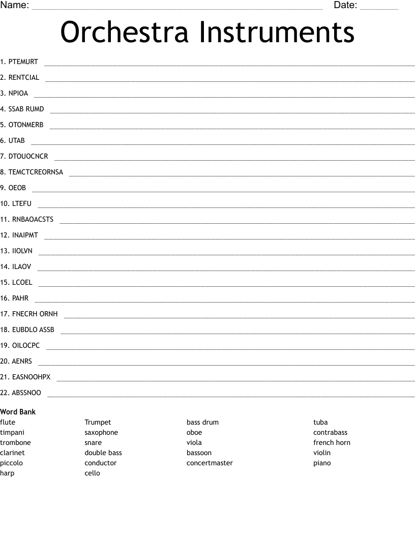 Orchestra Instruments Word Scramble