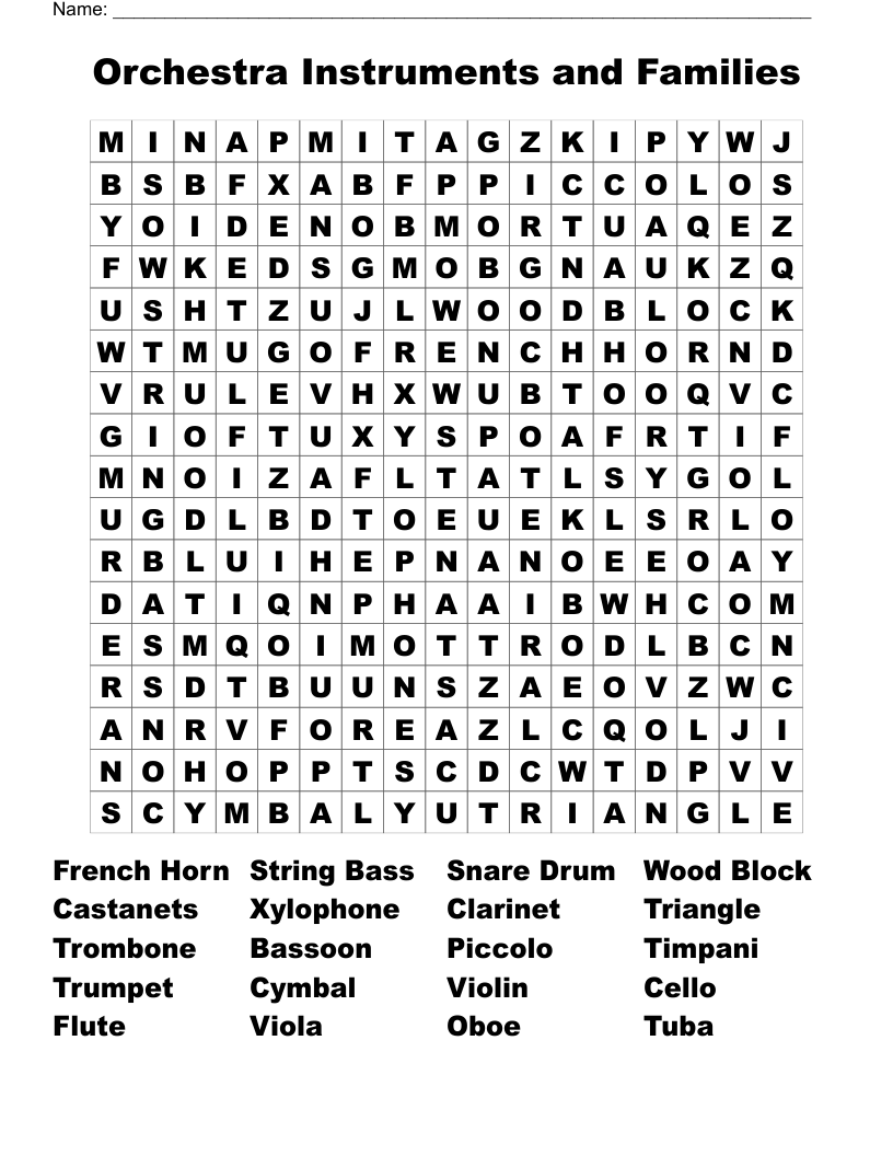Orchestra Instruments and Families Word Search