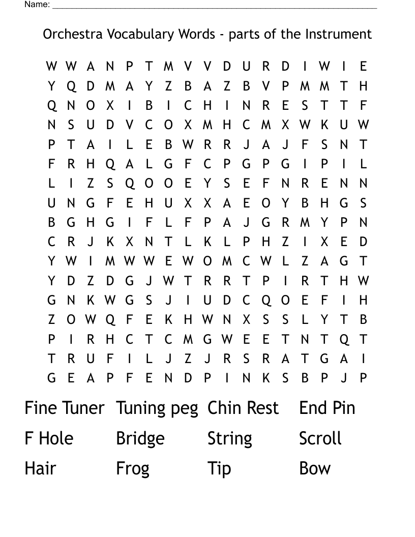 Orchestra Vocabulary Words - parts of the Instrument Word Search