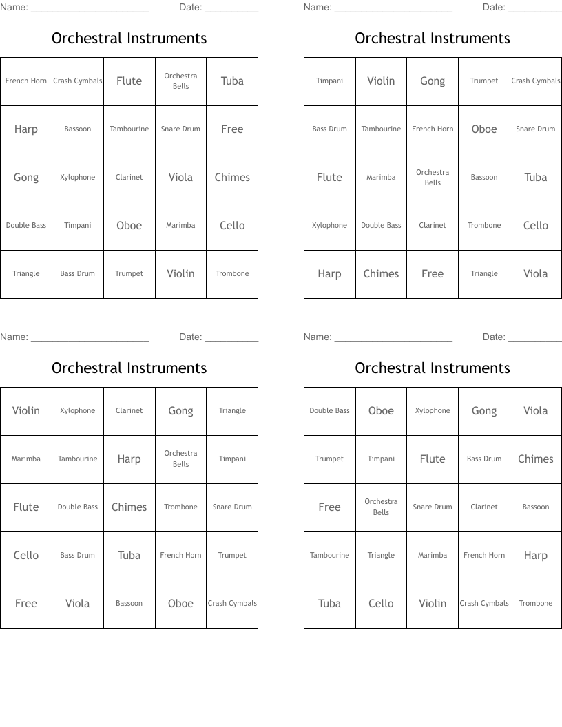 Orchestral Instruments Bingo Cards