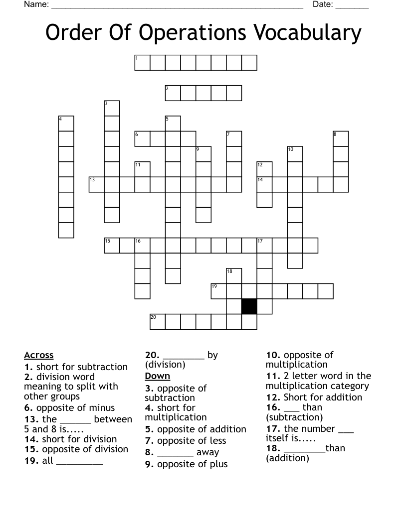 Order Of Operations Vocabulary  Crossword