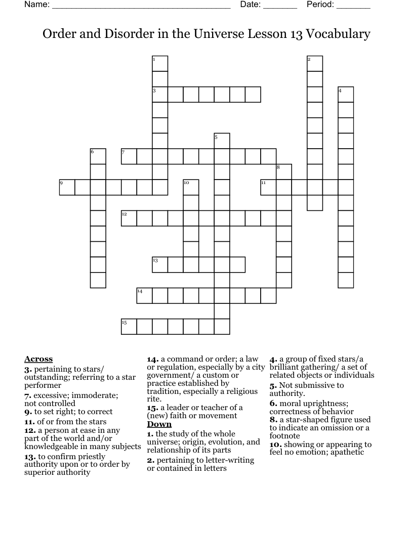 Order and Disorder in the Universe Lesson 13 Vocabulary Crossword
