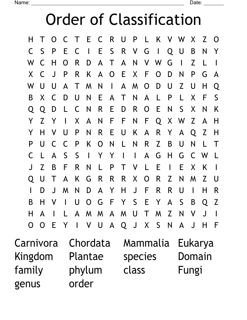 Order of Classification Word Search