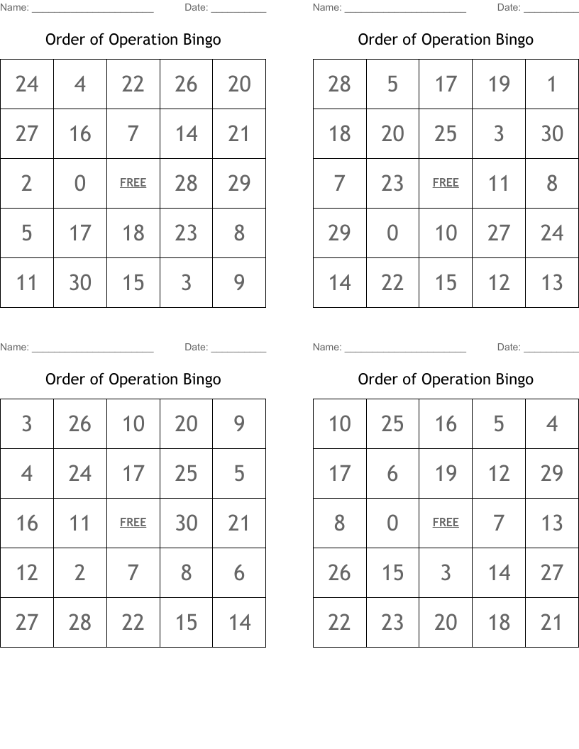 Order of Operation Bingo