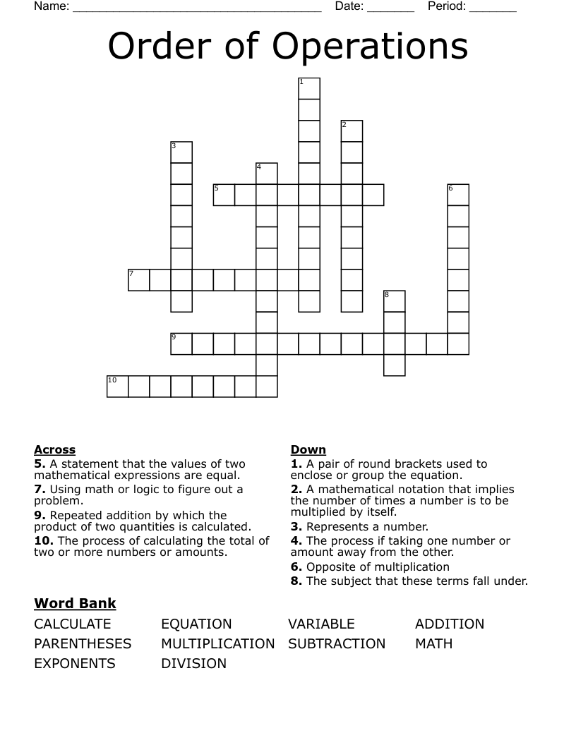 Order of Operations Crossword