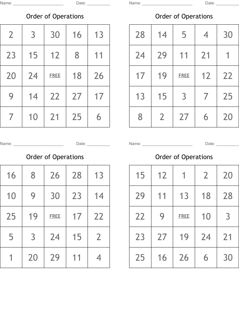 Order of Operations Bingo Cards