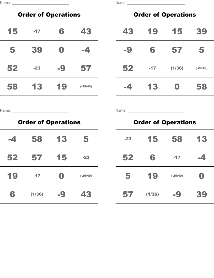 Order of Operations Bingo Cards