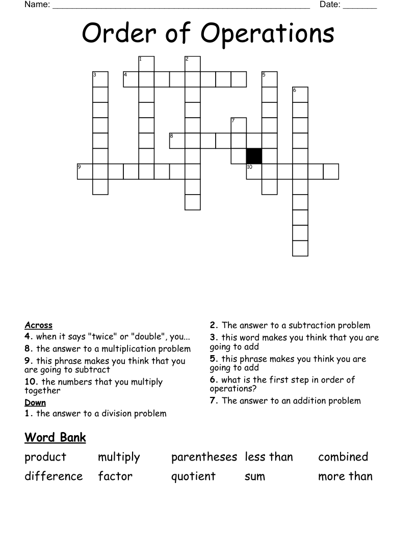 Order of Operations Crossword