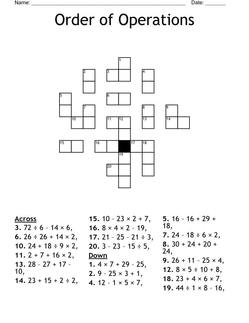 Order of Operations Crossword