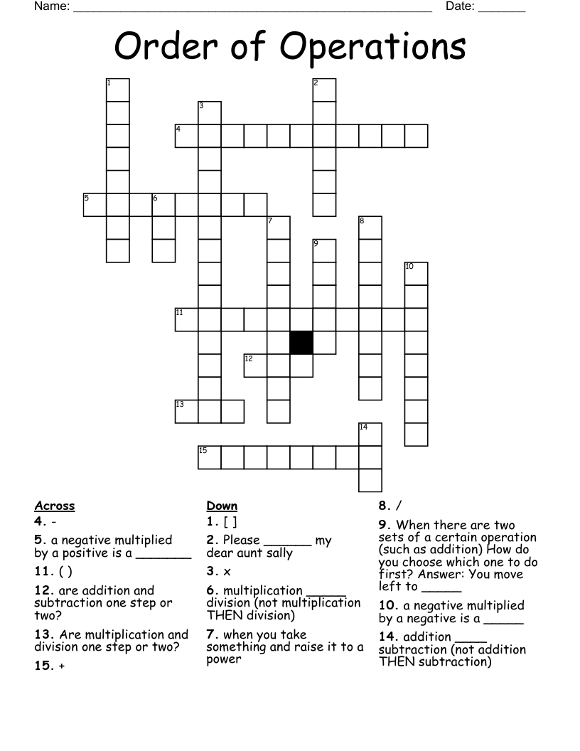 Order of Operations Crossword