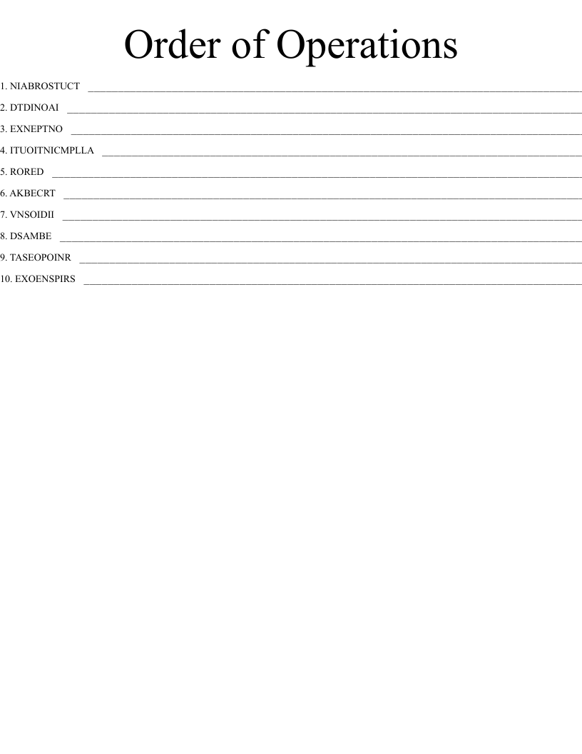 Order of Operations Word Scramble