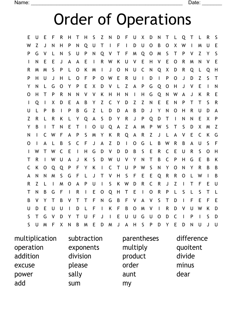 Order of Operations Word Search