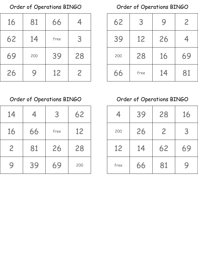 Order of Operations BINGO