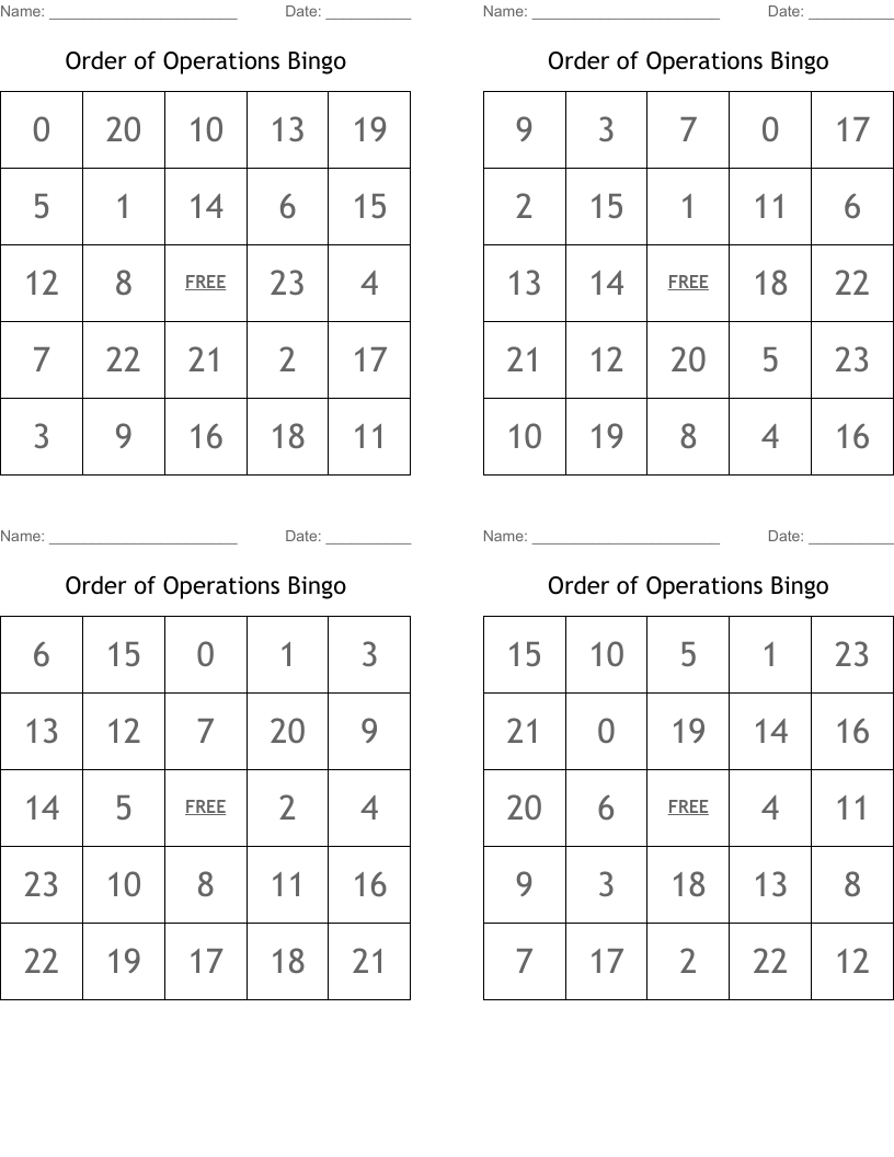 Order of Operations Bingo