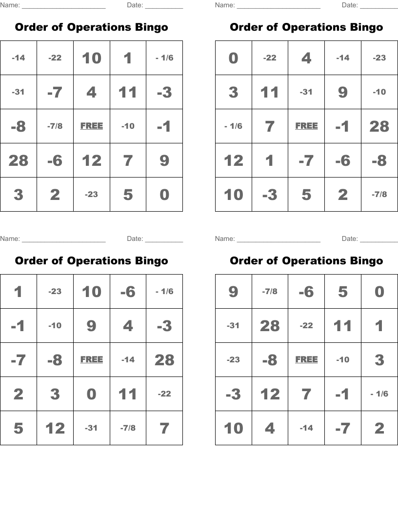 Order of Operations Bingo
