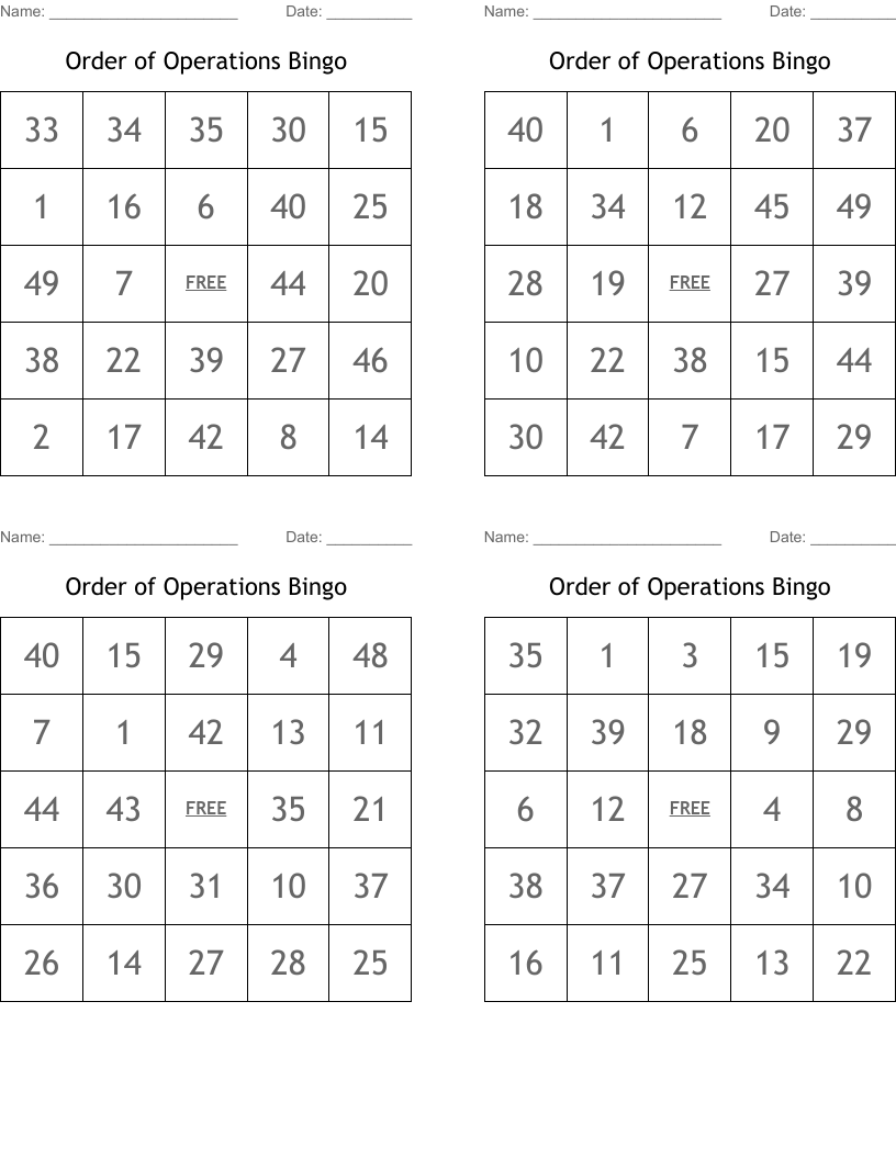 Order of Operations Bingo