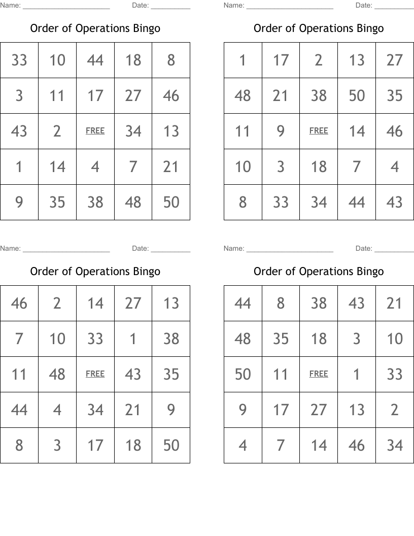 Order of Operations Bingo
