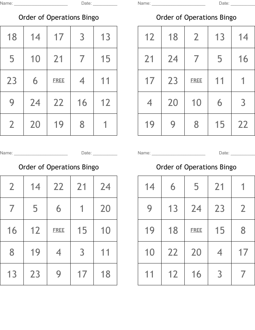 Order of Operations Bingo