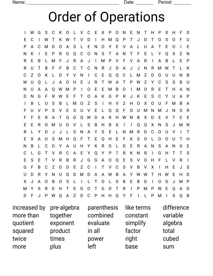 Order of Operations  Word Search