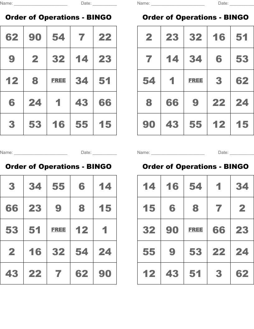 Order of Operations - BINGO