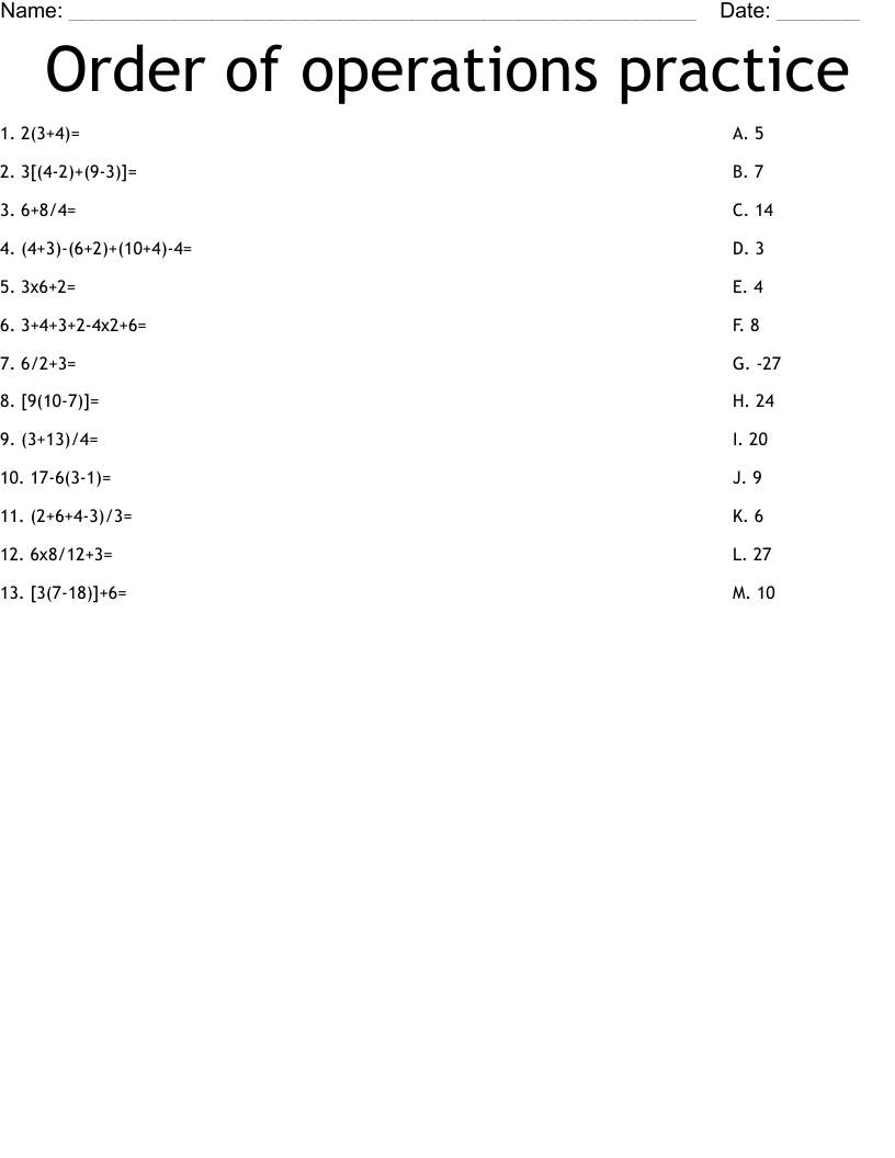 Order of operations practice Worksheet