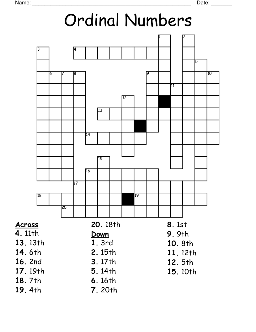 Ordinal Numbers Crossword