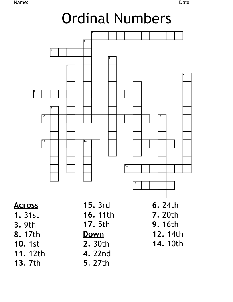 Ordinal Numbers  Crossword