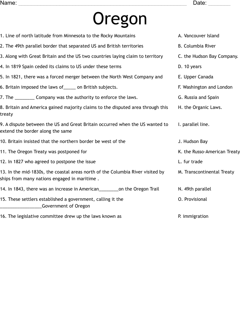 Oregon Worksheet