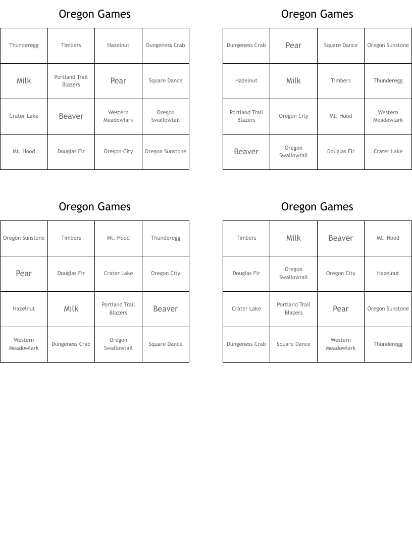Oregon Games Bingo Cards