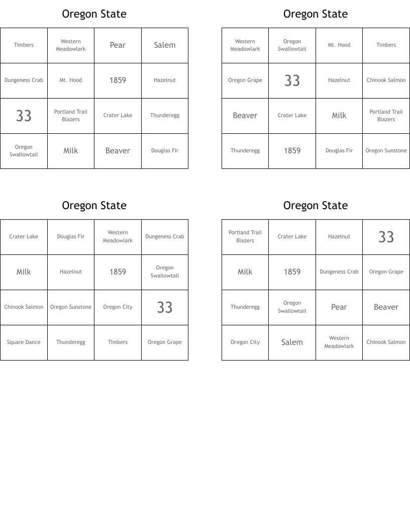 Oregon State Bingo Cards