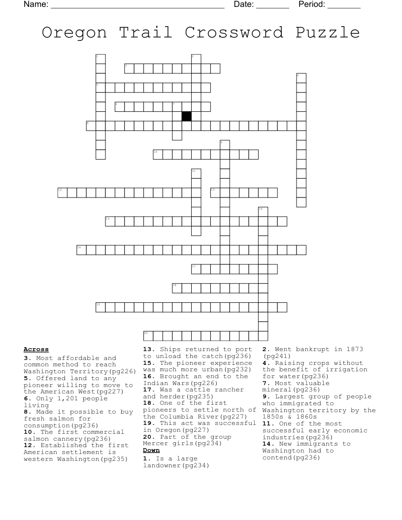 Oregon Trail Crossword Puzzle