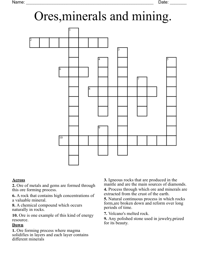 Ores,minerals and mining. Crossword