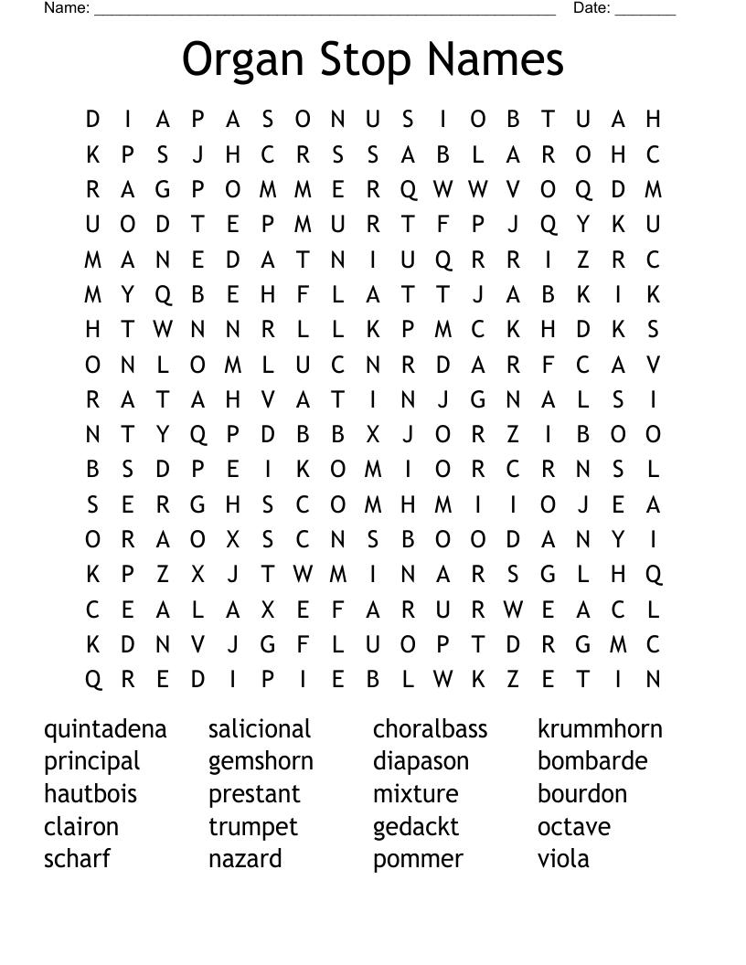Organ Stop Names Word Search