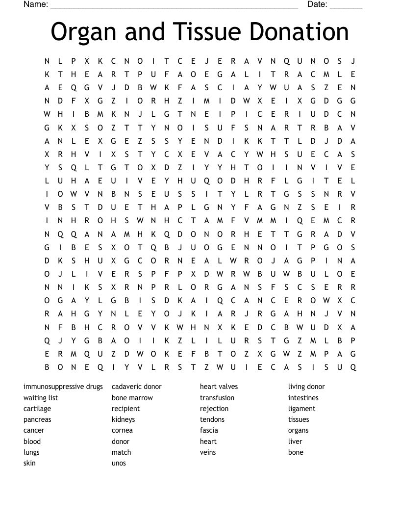 Organ and Tissue Donation Word Search