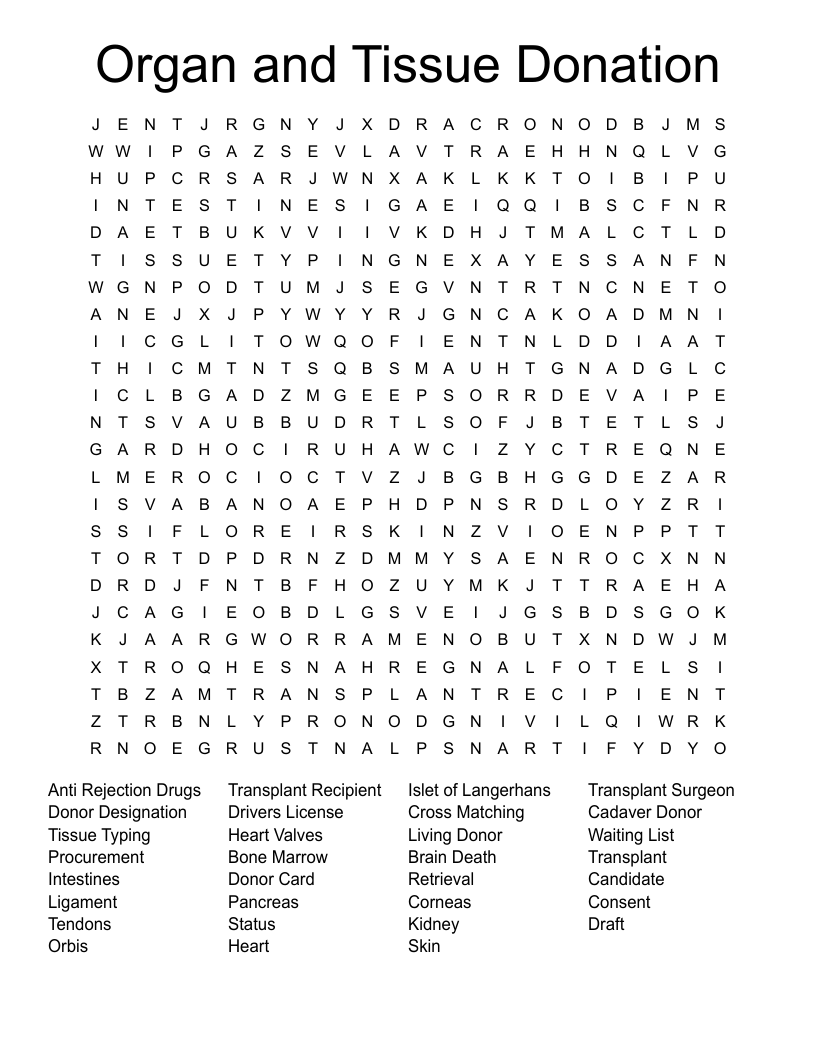 Organ and Tissue Donation Word Search
