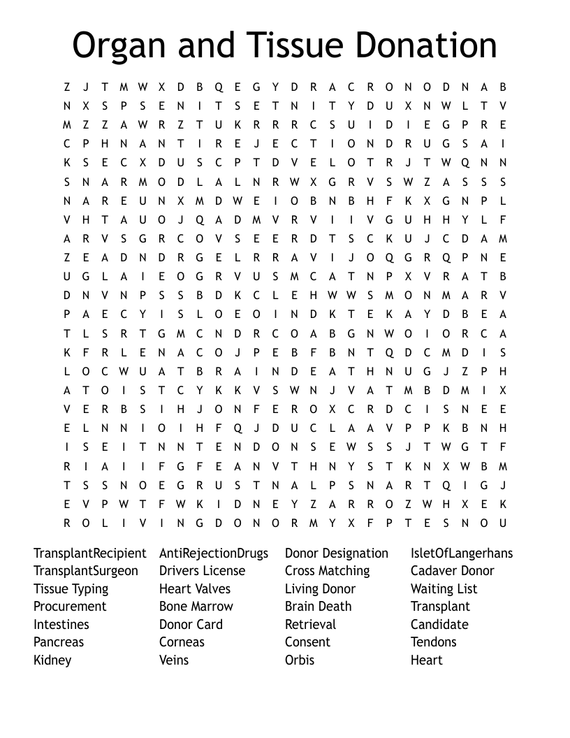 Organ and Tissue Donation Word Search