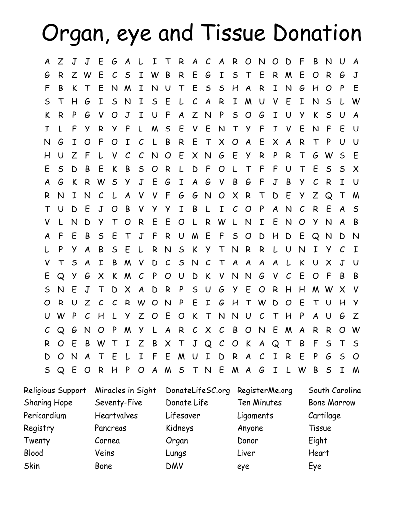 Organ, eye and Tissue Donation Word Search