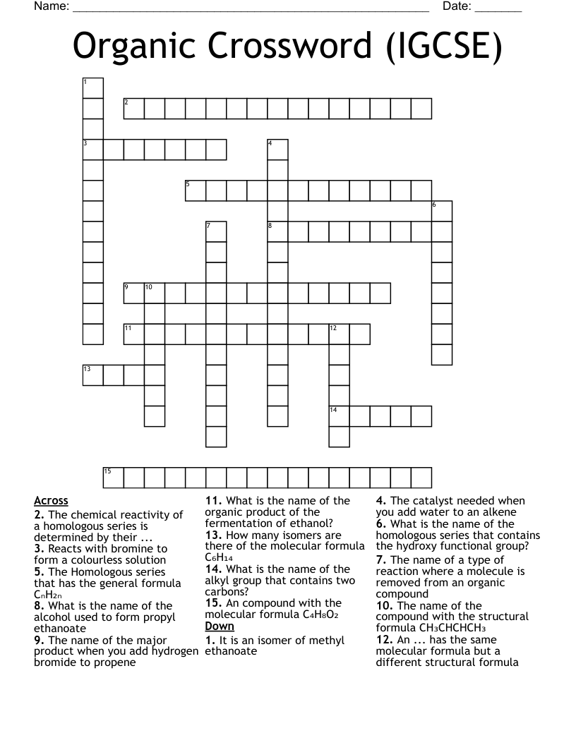 Organic Crossword (IGCSE)