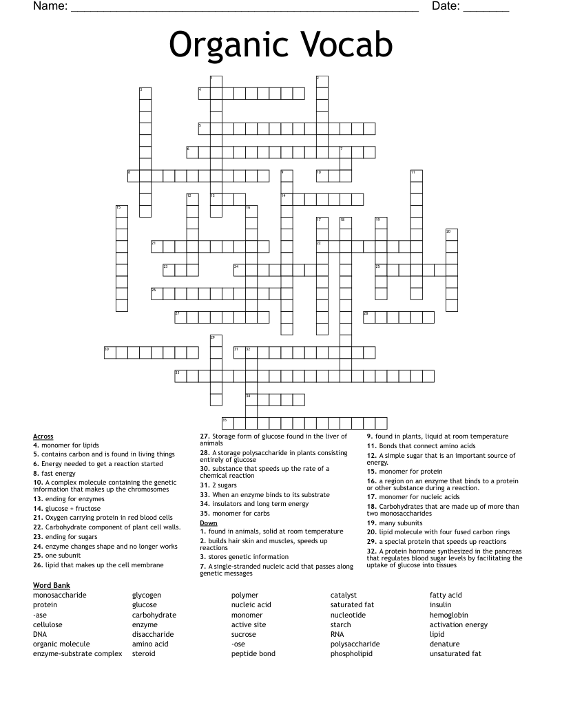 Organic Vocab  Crossword