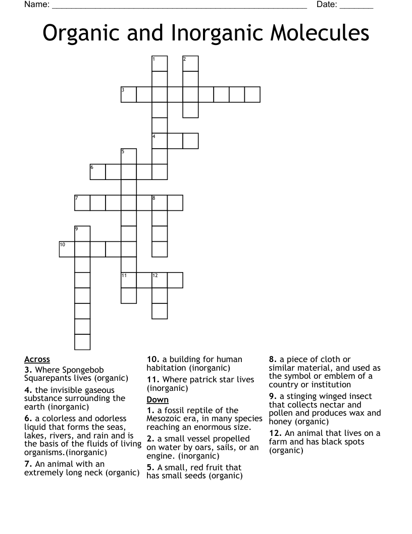 Organic and Inorganic Molecules Crossword