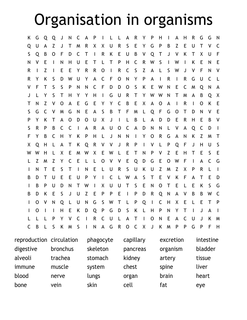 Organisation in organisms Word Search