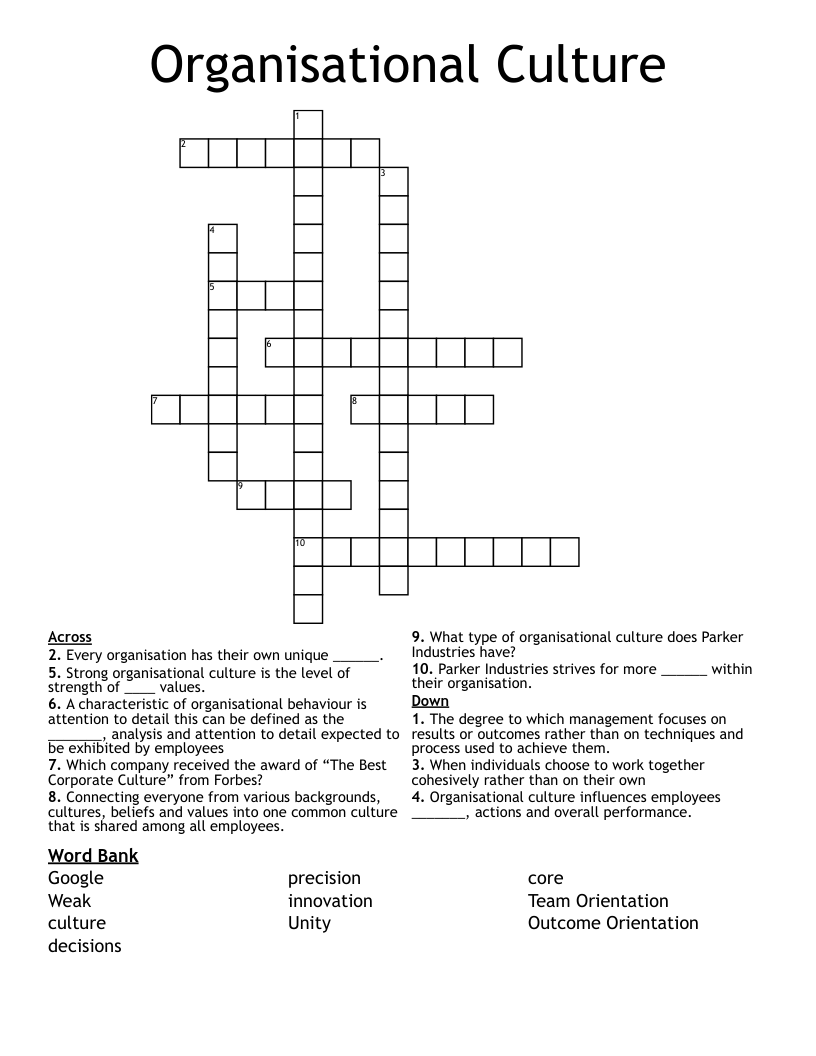 Organisational Culture Crossword