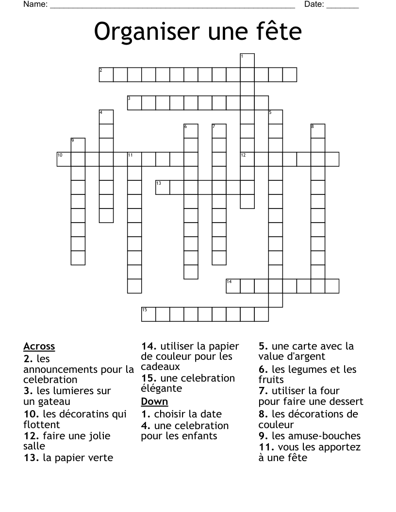 Organiser une fête Crossword