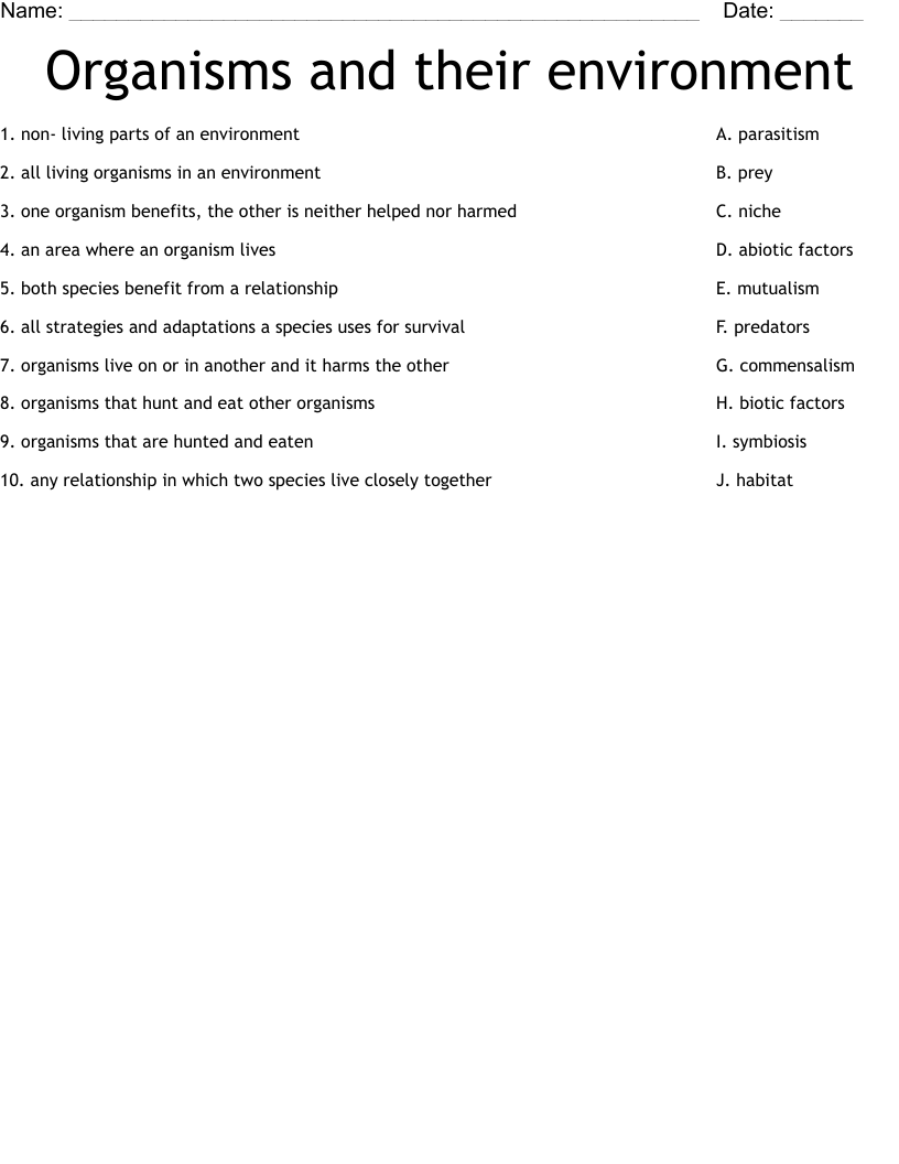 Organisms and their environment Worksheet